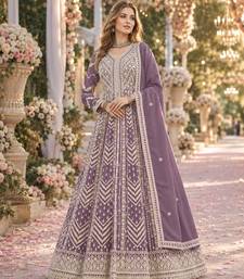 Purple heavy emroidered faux georgette semi stitched anarkali suit with salwar