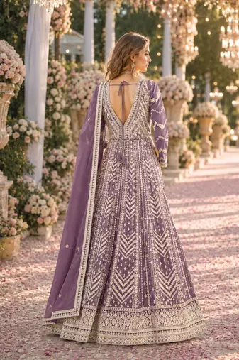 Purple heavy emroidered faux georgette semi stitched anarkali suit with salwar