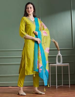 Olive rayon embroidered kurta set 1