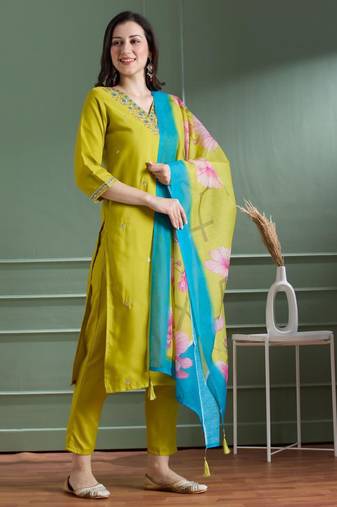 Olive rayon embroidered kurta set