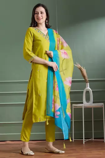 Olive rayon embroidered kurta set