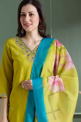 Olive rayon embroidered kurta set