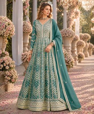 Light blue heavy emroidered faux georgette semi stitched anarkali suit with salwar 1