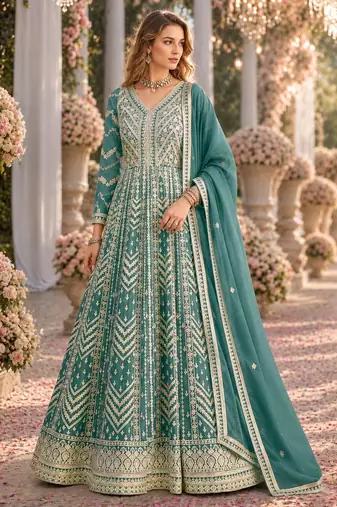 Light blue heavy emroidered faux georgette semi stitched anarkali suit with salwar