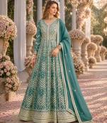 Light blue heavy emroidered faux georgette semi stitched anarkali suit with salwar