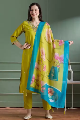 Olive rayon embroidered kurta set