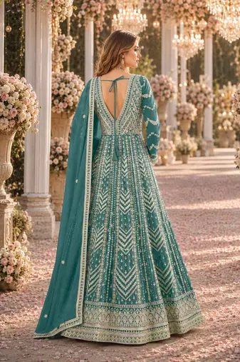 Light blue heavy emroidered faux georgette semi stitched anarkali suit with salwar