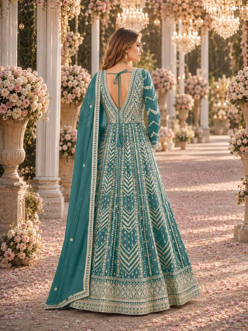Light blue heavy emroidered faux georgette semi stitched anarkali suit with salwar