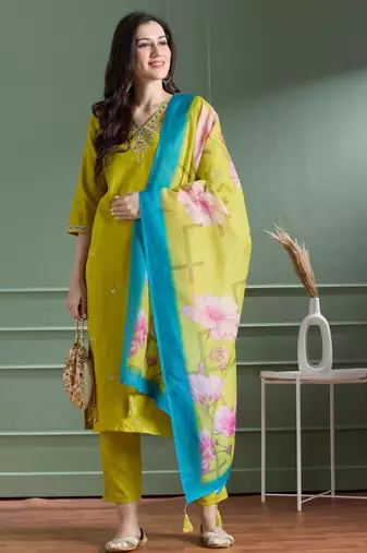 Olive rayon embroidered kurta set