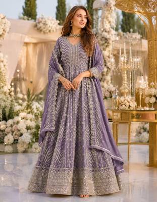Lavender faux georgette semi stitched anarkali suit with embrodery work 1