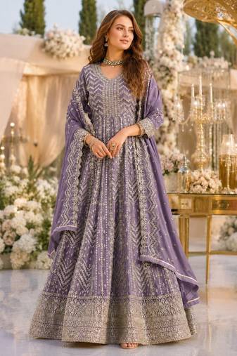 Lavender faux georgette semi stitched anarkali suit with embrodery work