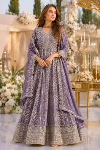 Lavender faux georgette semi stitched anarkali suit with embrodery work