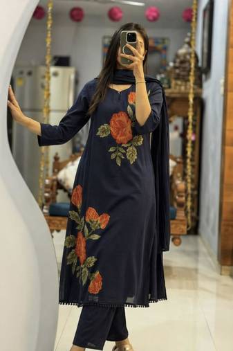 Purple cotton silk embroidered kurta set