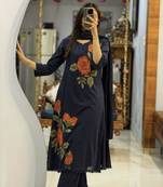 Purple cotton silk embroidered kurta set