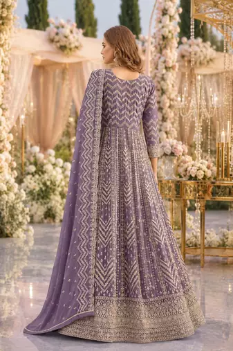 Lavender faux georgette semi stitched anarkali suit with embrodery work