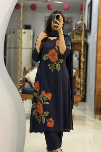 Purple cotton silk embroidered kurta set