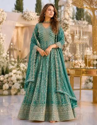 Turquoise faux georgette semi stitched anarkali suit with embrodery work 1