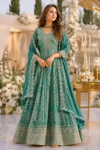 Turquoise faux georgette semi stitched anarkali suit with embrodery work