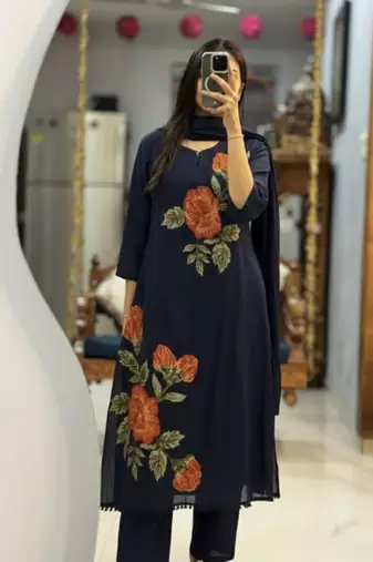 Purple cotton silk embroidered kurta set