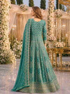 Turquoise faux georgette semi stitched anarkali suit with embrodery work 2