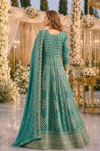 Turquoise faux georgette semi stitched anarkali suit with embrodery work