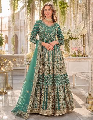 Green embroidered net semi stitched anarkali suit 1