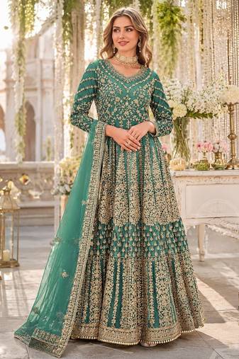 Green embroidered net semi stitched anarkali suit