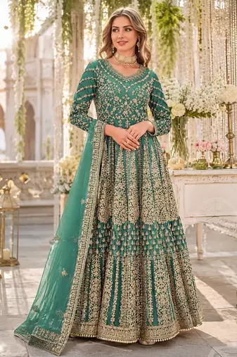 Green embroidered net semi stitched anarkali suit