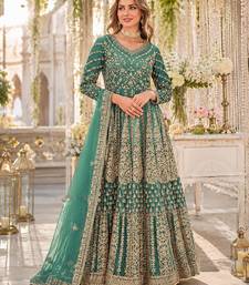 Green embroidered net semi stitched anarkali suit