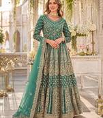 Green embroidered net semi stitched anarkali suit