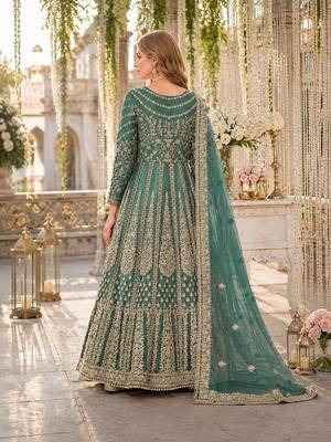 Green embroidered net semi stitched anarkali suit 2