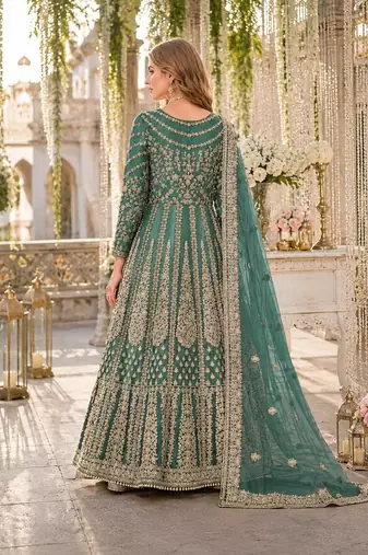 Green embroidered net semi stitched anarkali suit