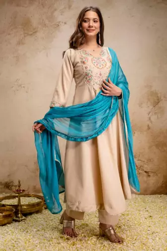 Beige chanderi embroidered kurta set