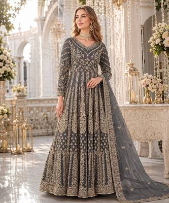 Grey embroidered net semi stitched anarkali suit 1