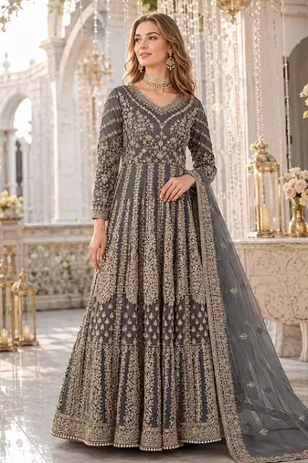 Grey embroidered net semi stitched anarkali suit