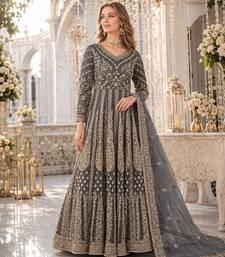 Grey embroidered net semi stitched anarkali suit
