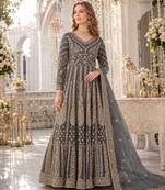 Grey embroidered net semi stitched anarkali suit