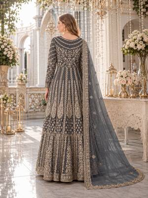 Grey embroidered net semi stitched anarkali suit 2