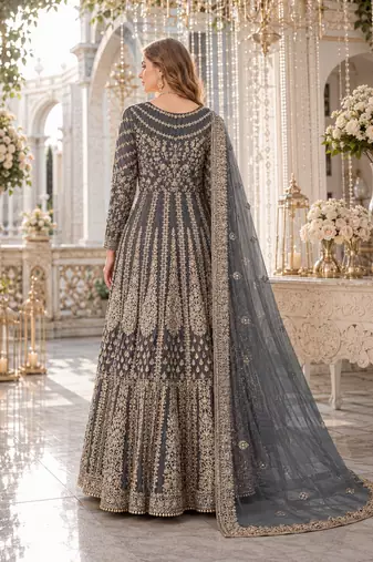 Grey embroidered net semi stitched anarkali suit