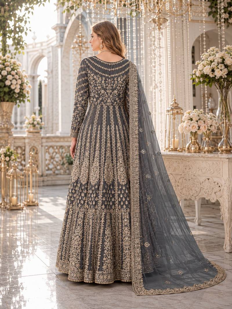 Grey embroidered net semi stitched anarkali suit