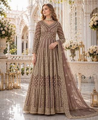 Light brown embroidered net semi stitched anarkali suit 1