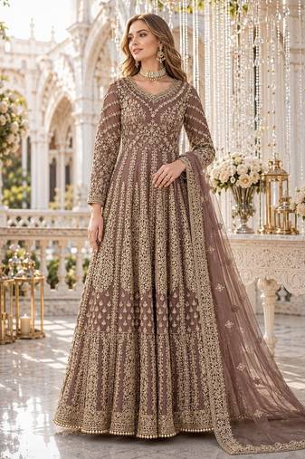 Light brown embroidered net semi stitched anarkali suit