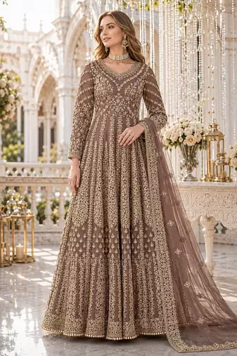 Light brown embroidered net semi stitched anarkali suit