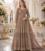 Light brown embroidered net semi stitched anarkali suit