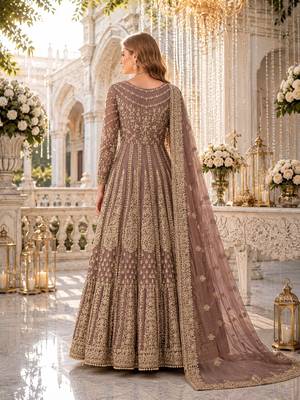 Light brown embroidered net semi stitched anarkali suit 2