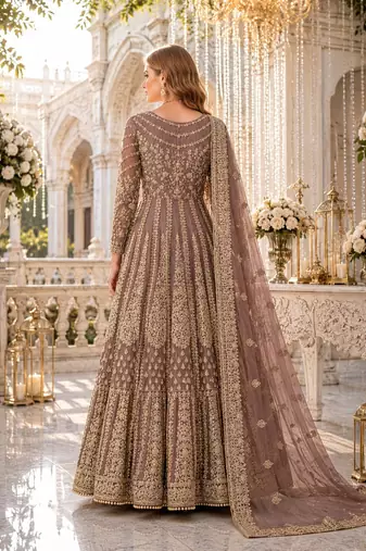 Light brown embroidered net semi stitched anarkali suit