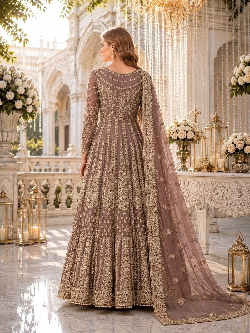 Light brown embroidered net semi stitched anarkali suit
