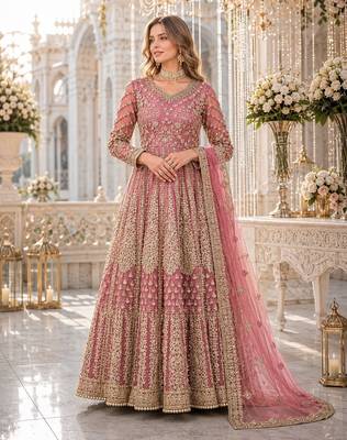 Light purple embroidered net semi stitched anarkali suit 1