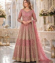 Light purple embroidered net semi stitched anarkali suit
