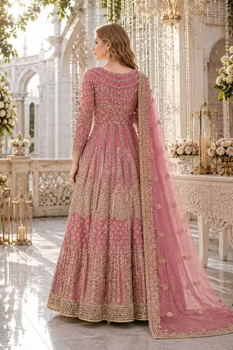 Light purple embroidered net semi stitched anarkali suit